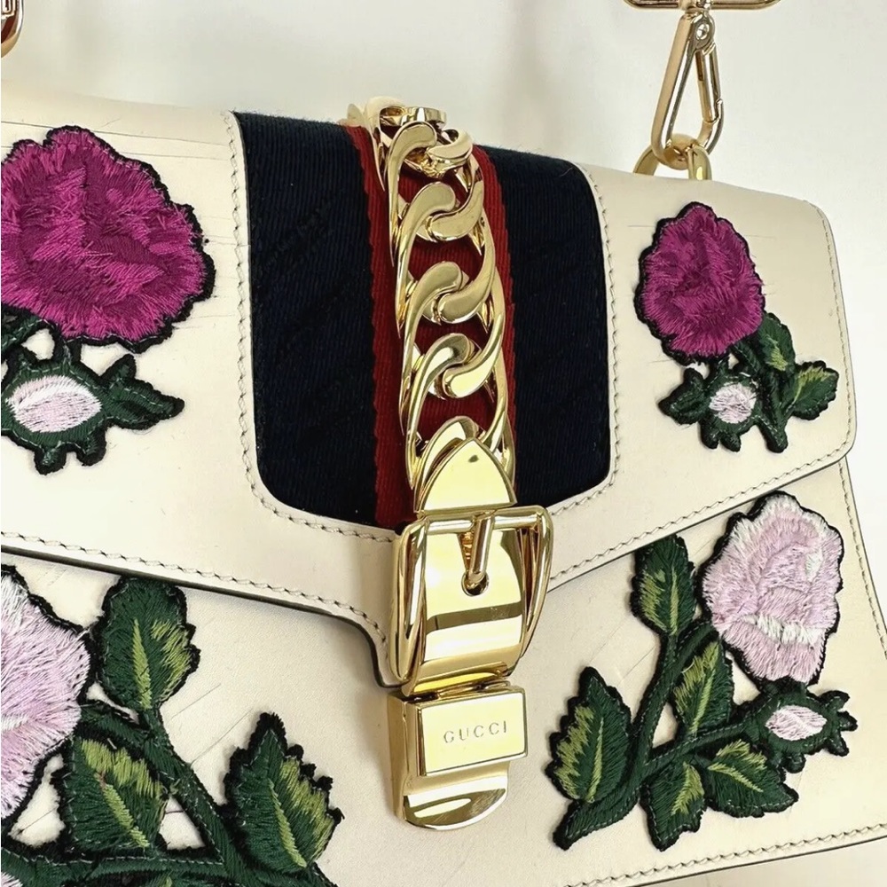 SOLD-Gucci Sylvie Leather Shoulder Bag White Embroidered Web Strap 10"x6.5" - Picture 6 of 15